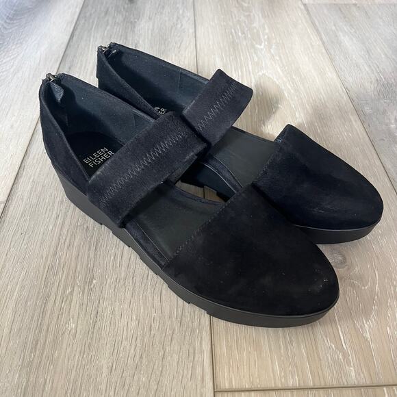 Eileen Fisher Marlow Mary Jane Women's 8 Black Suede Low Wedge Shoe Zip Back - Picture 10 of 10